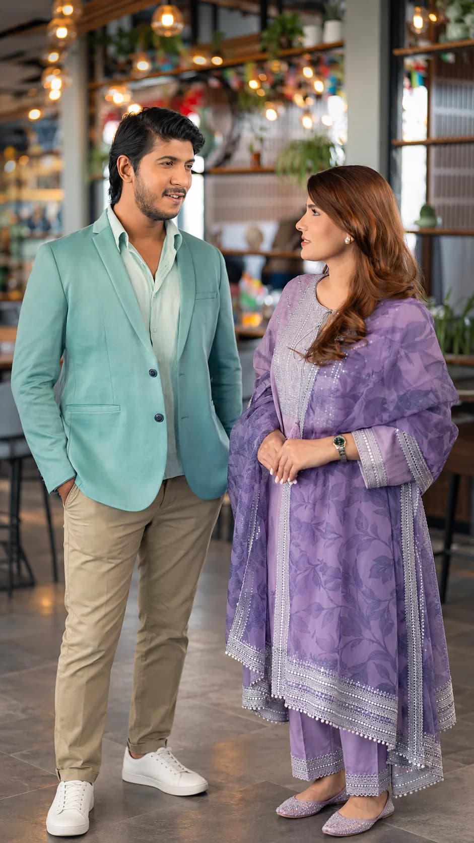 A man and a woman talking in a café