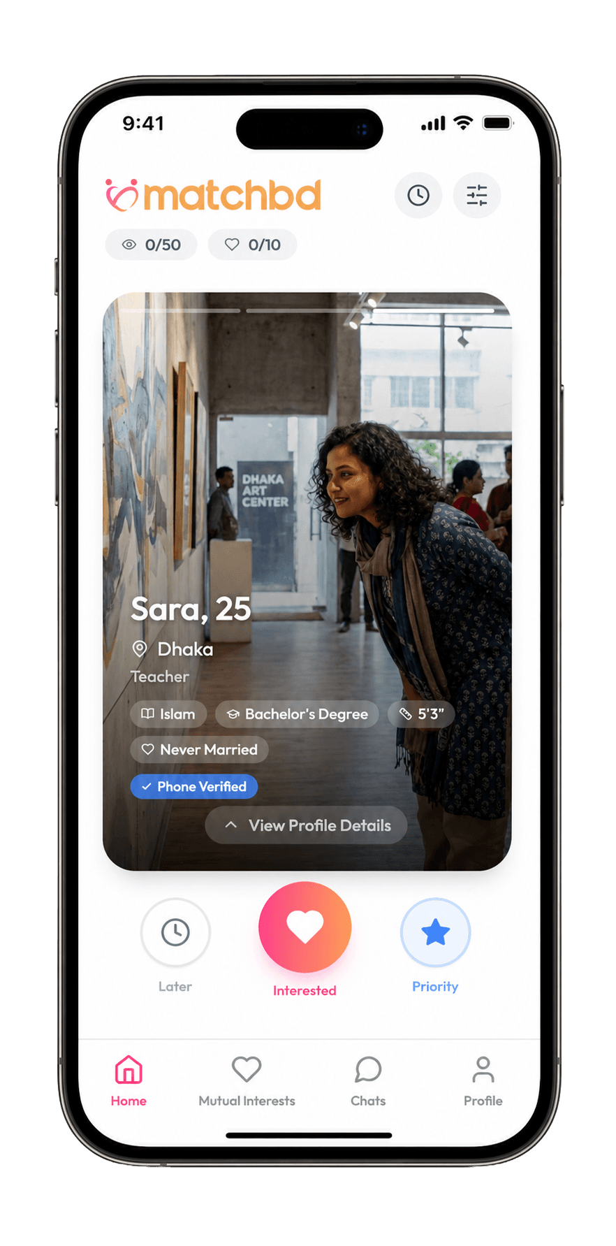 MatchBD app showing Sara's match profile with Later, Interested and Priority actions